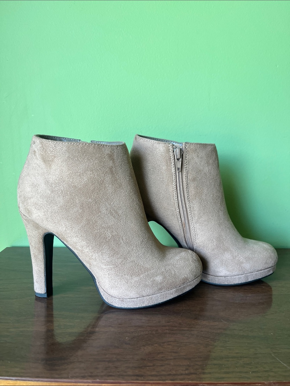 Taupe Suede Ankle Booties with Side Zip